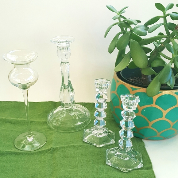 1990s Other - {Clear Glass Candlesticks} 4  Ornate Decor